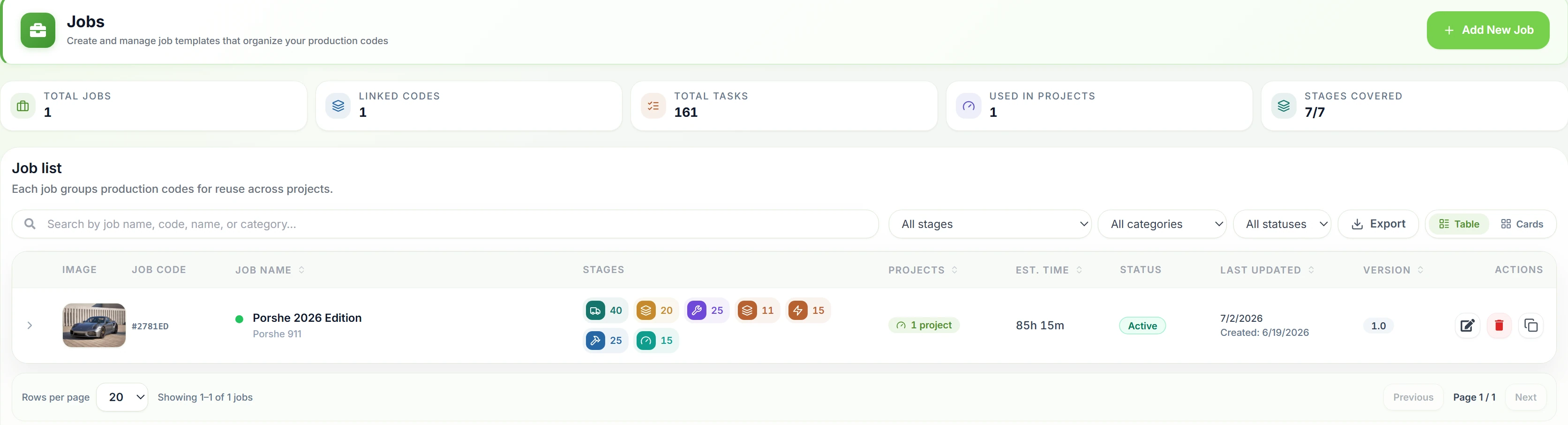 Jobs screen with job templates, stages, estimated time and health