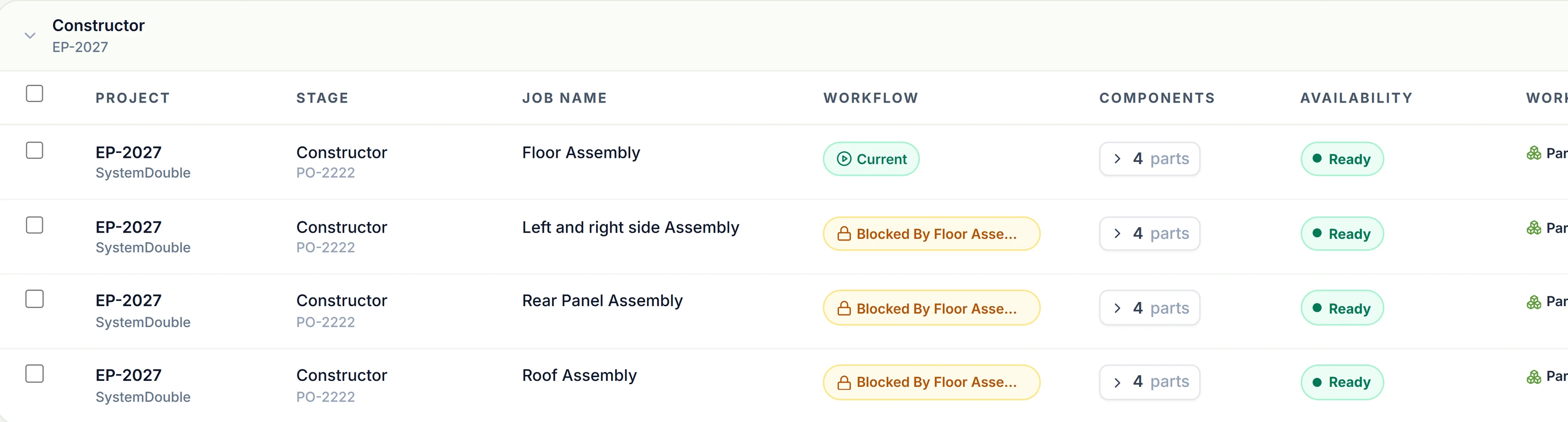 Internal logistics queue with ready-for-picking jobs