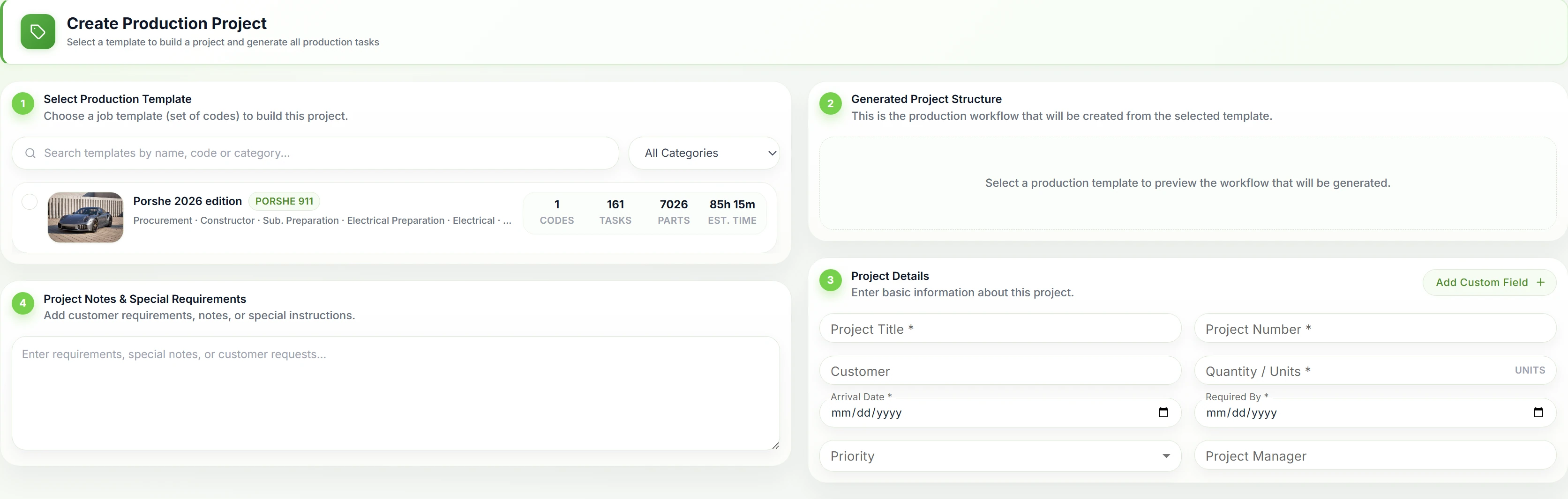 Create Production Project screen with template picker and project details form