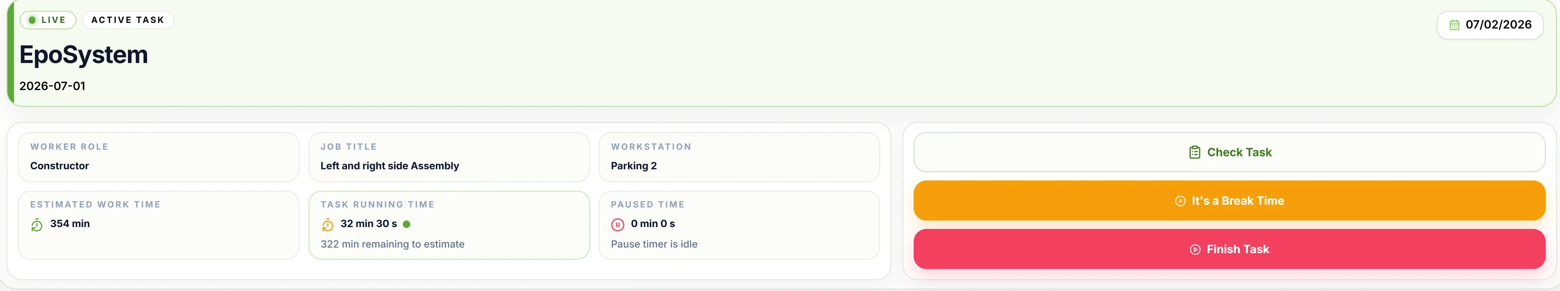 Active task card with role, job title, workstation, timers and finish button